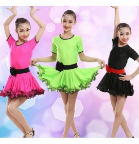 Neon green fuchsia hot pink black short sleeves summer girls kids child children competition gymnastics professional latin  dance dresses with sashes